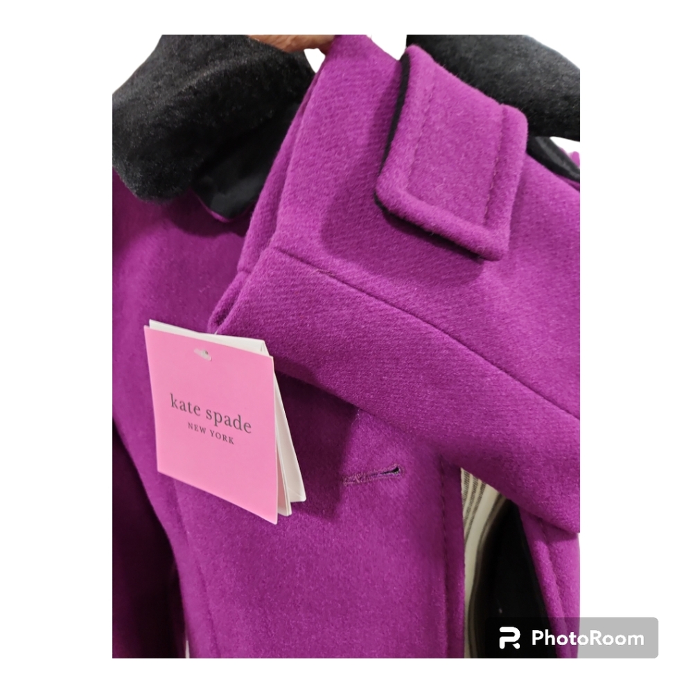 Kate Spade ● Bright Violet Sherpa-Collar Belted Wool-Blend Peacoat - Picture 9 of 9